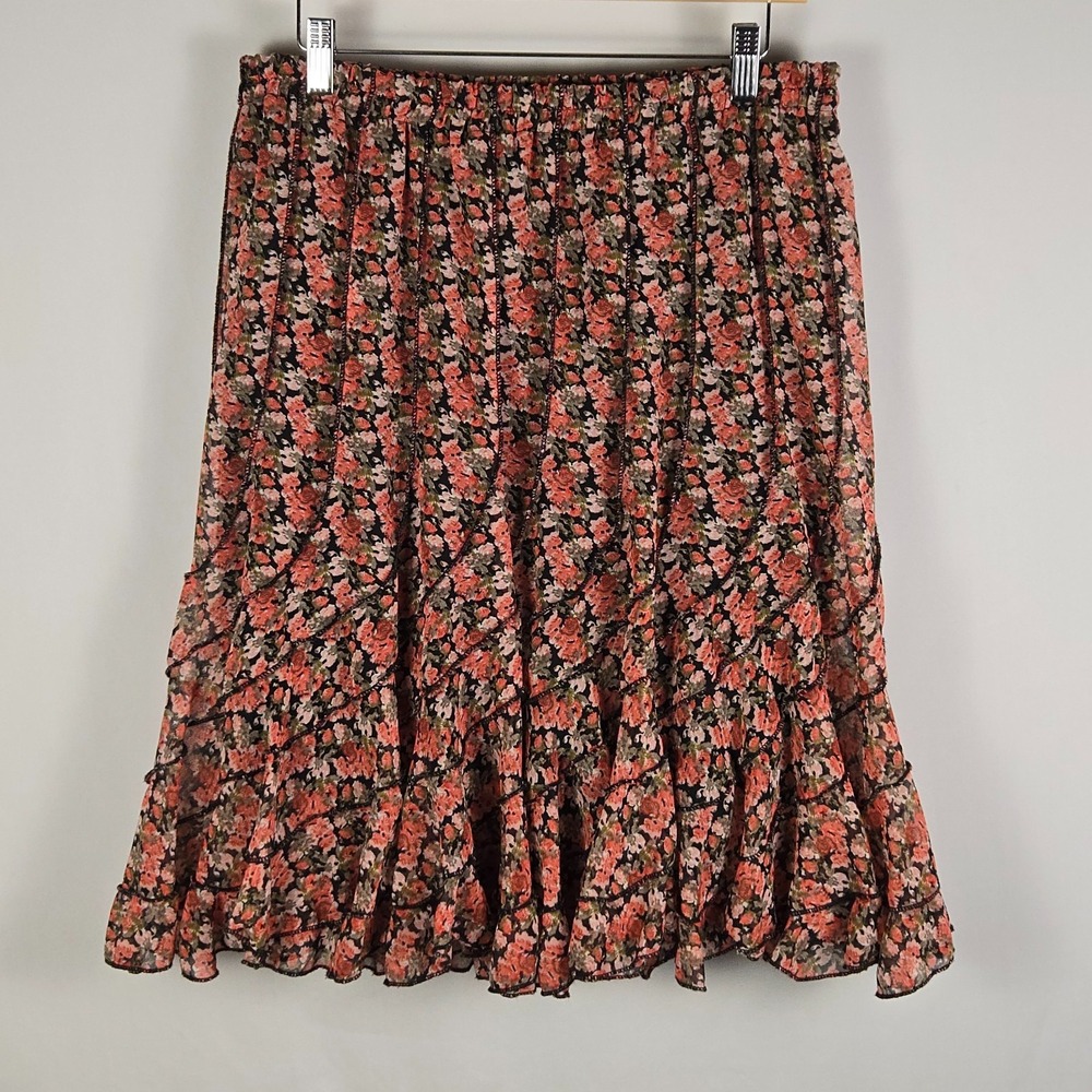 Dimri Floral Tiered Ruffle Midi Skirt M Pink Orange Black‎ Boho Cottagecore